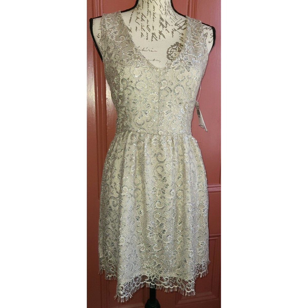 NWT! Aqua gray & silver metallic lace sleeveless v neck dress, ladies' size S